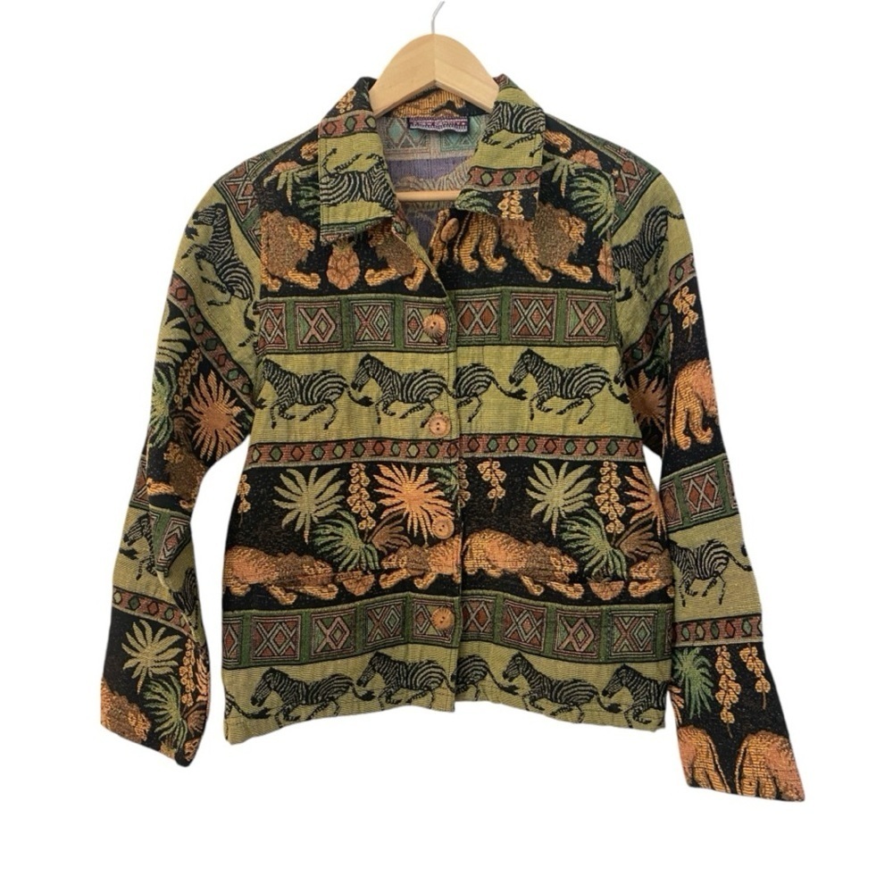 New Identity Womens Tapestry Animal Print Button Down Jacket Size Medium Vintage
